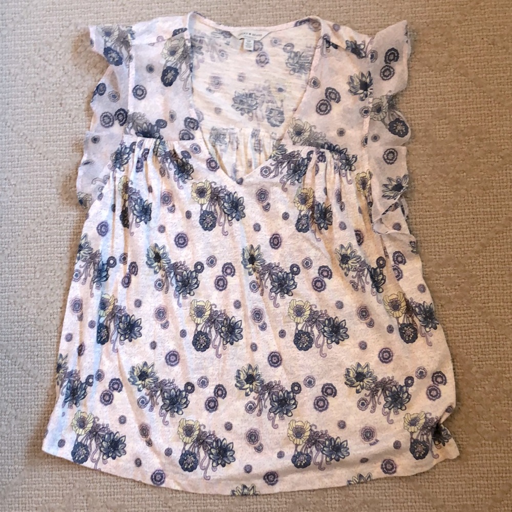 Lucky Brand-Yellow Floral V Neck Flutter Sleeve Top Size Small